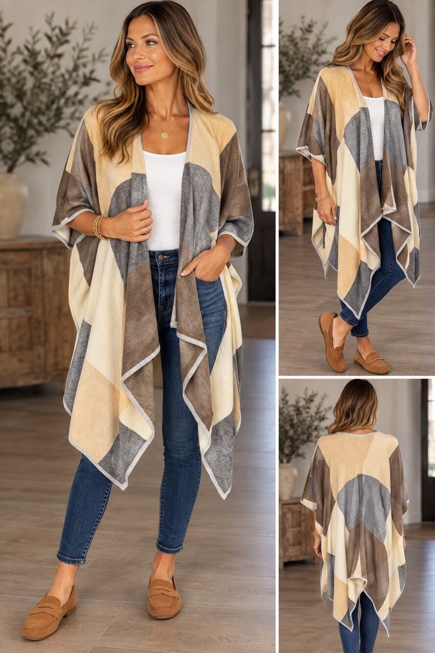 Ravel One Size Colorblock Knit Ruana Poncho Wool Blend Boho Coastal Grandmother